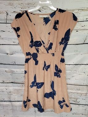 Costa Blanca Blush Pink & Navy Print Smocked Waist Dress Size Small